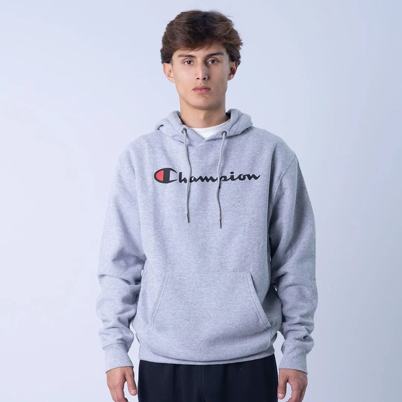 Moletom Canguru Champion Athletic Powerblend Script Logo Ink - OX GRAY