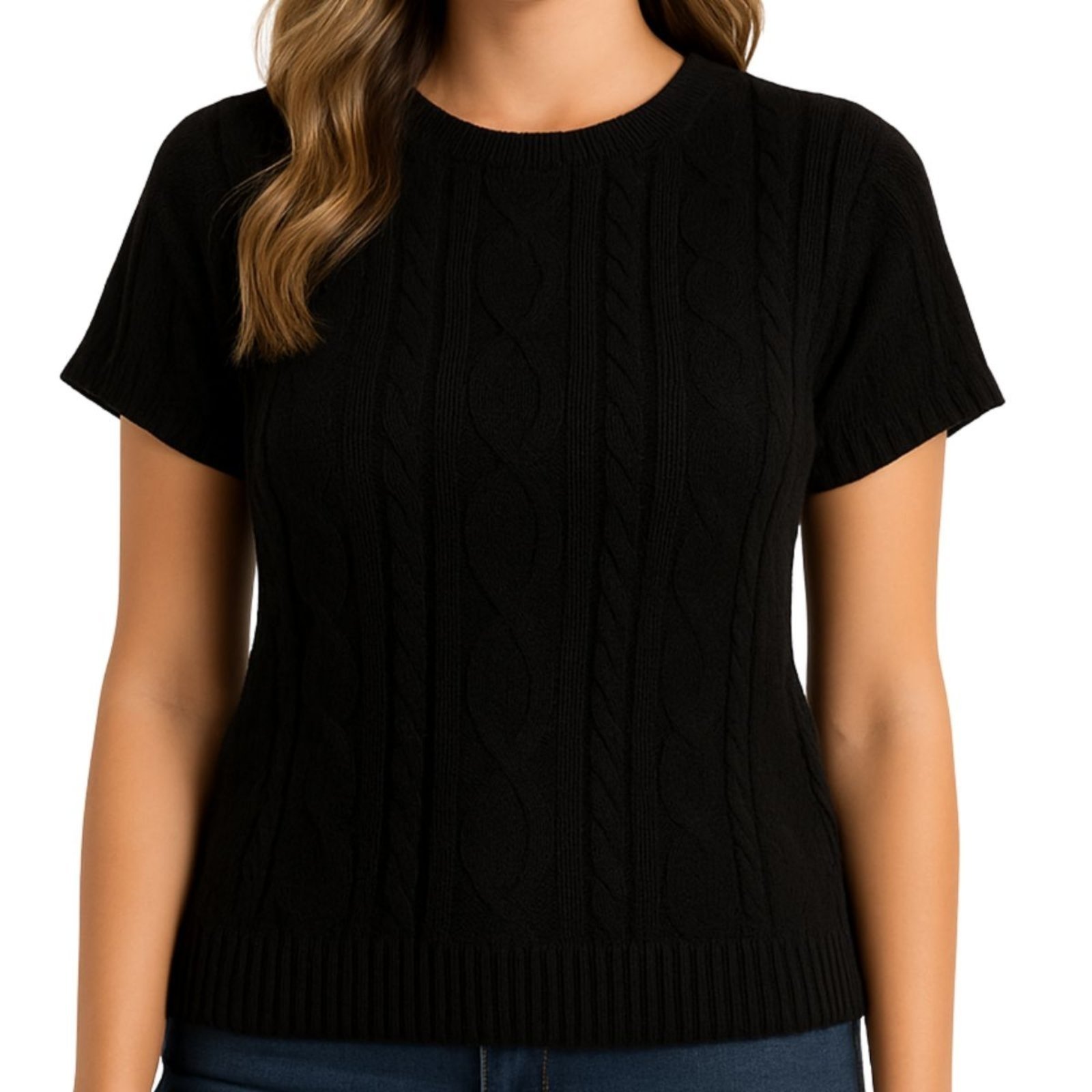 Blusa FMF Feminina Preto Tricô Manga Curta Canelada Trama Trançada