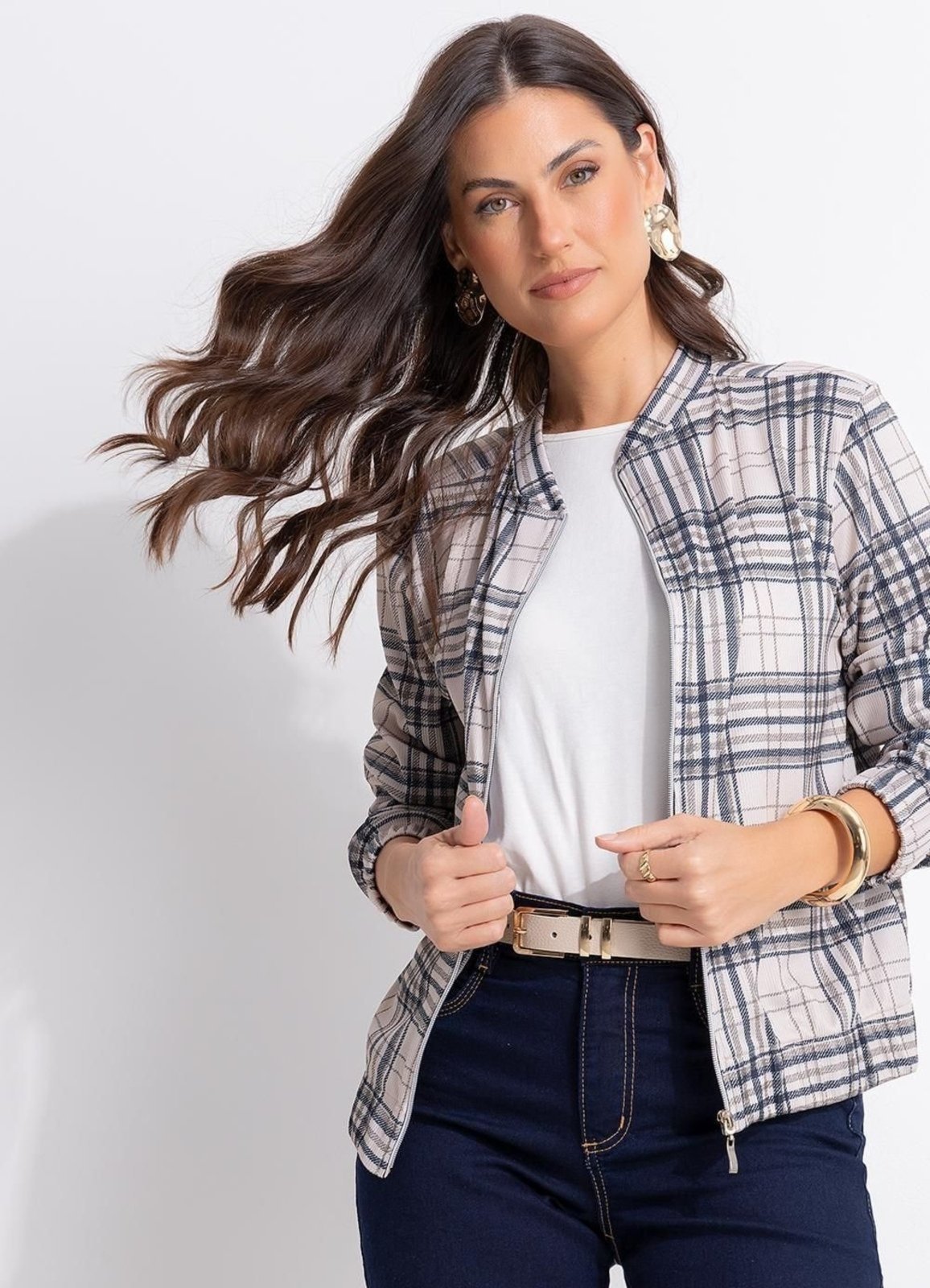 Jaqueta Xadrez Em Malha Canelada Quintess