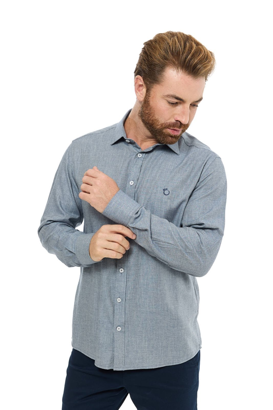 Camisa Social Masculina Olimpo Maquinetada Slim Manga Longa Azul