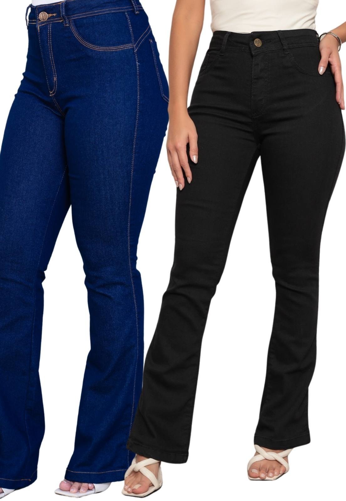 KIT 2 Calça Flare Feminina Niha Jeans Cintura Alta Confortável Preto e Azul