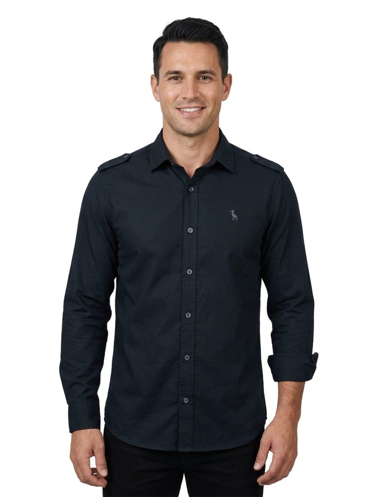Camisa Estilo Militar Amil Comfort Pewter Com Lapela nos Ombros M/Longa Lançamento Luxo Preto