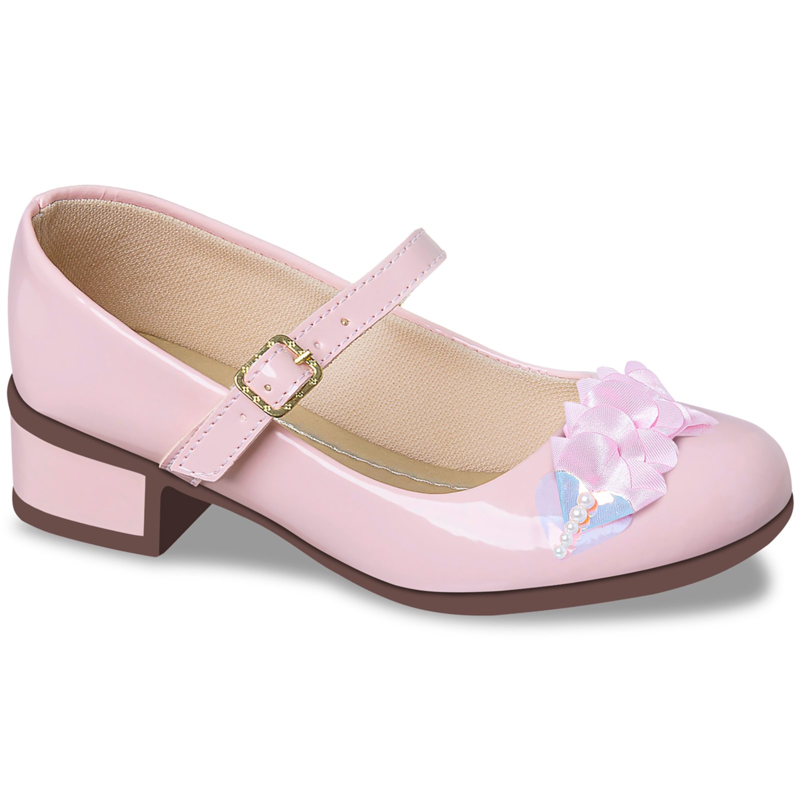 Infantil – Sapatilha Feminina Com Salto Baixo Quadrado Rosa
