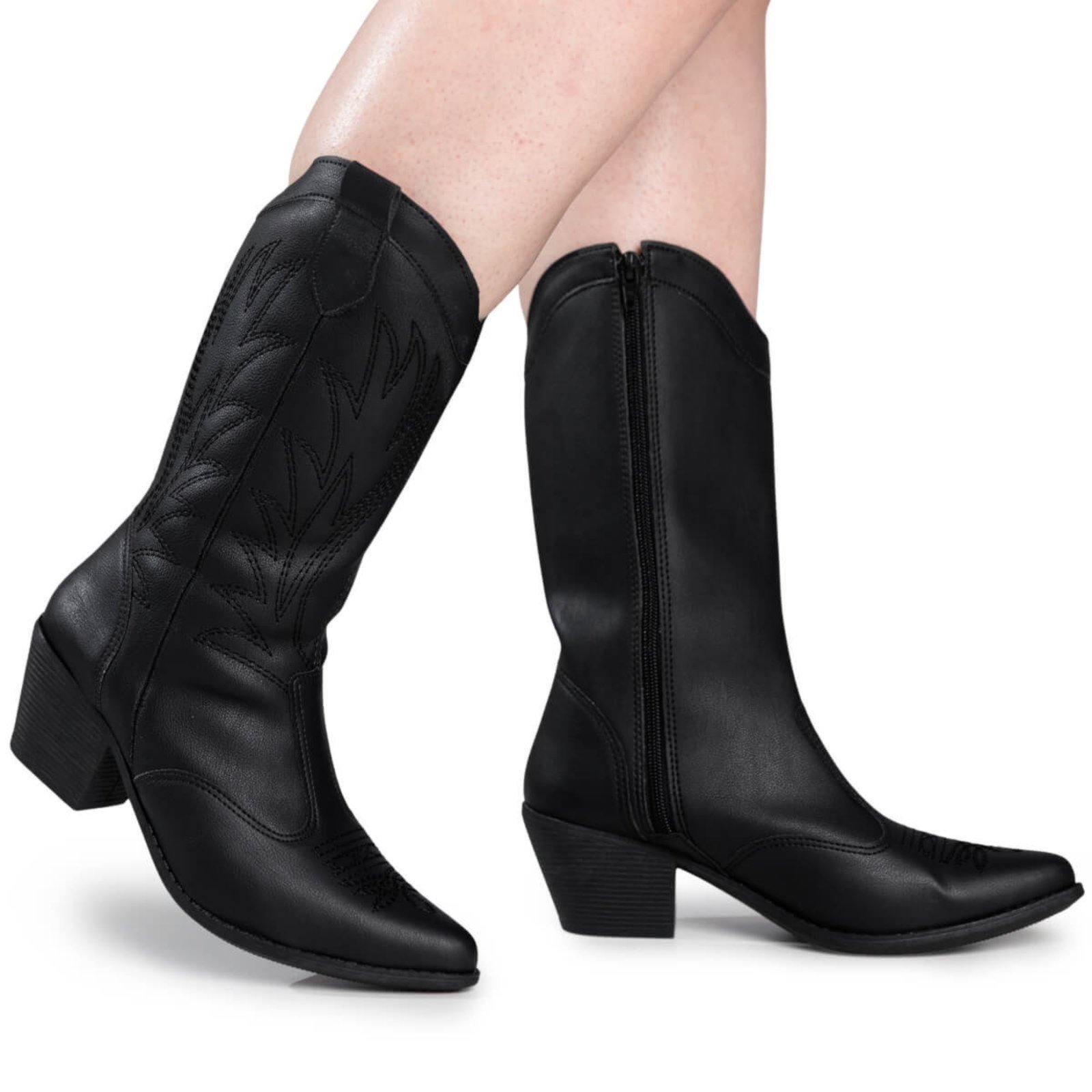 Bota Texana Feminina Western Country Rodeio Boiadeira Bico Fino Confortável Via Angel 9002 Preto