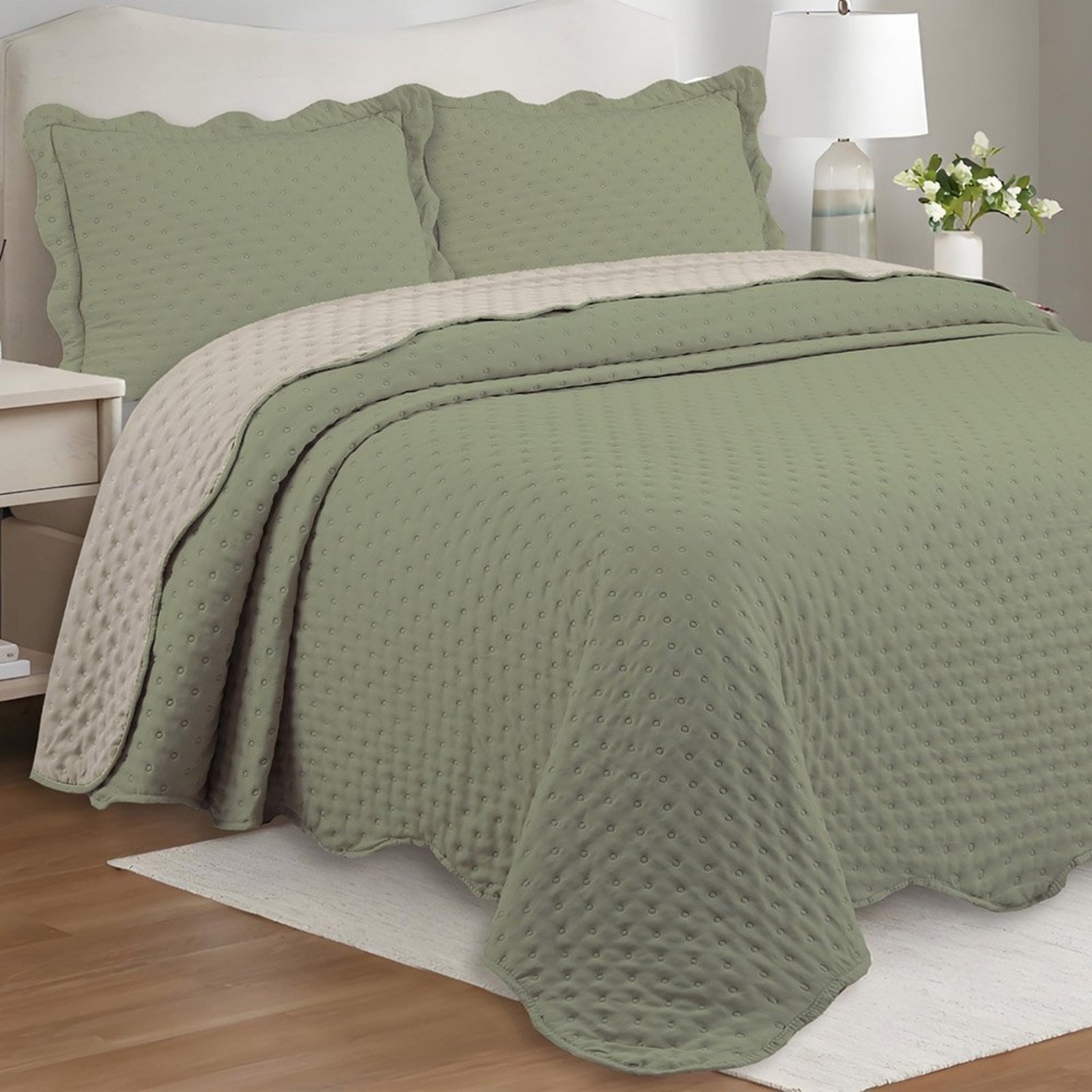 Kit Cobre Leito Bold Bicolour King Micropercal 300 Fios Colcha Dupla Face 3 Peças Verde