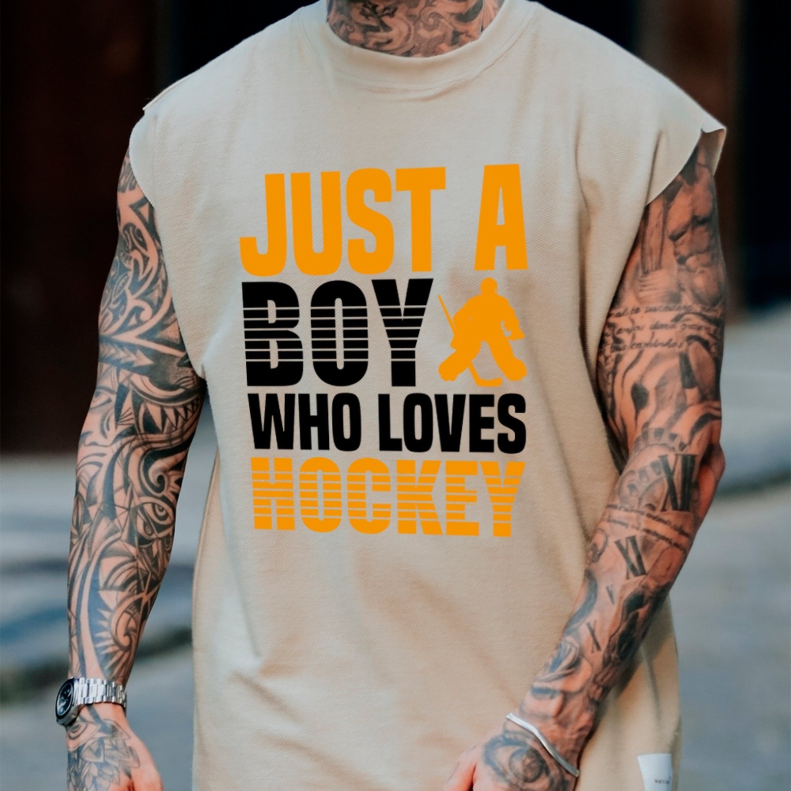 Camiseta Regata Machão Ousy Just A Boy Who Loves Hockey Oversized Masculina Off White