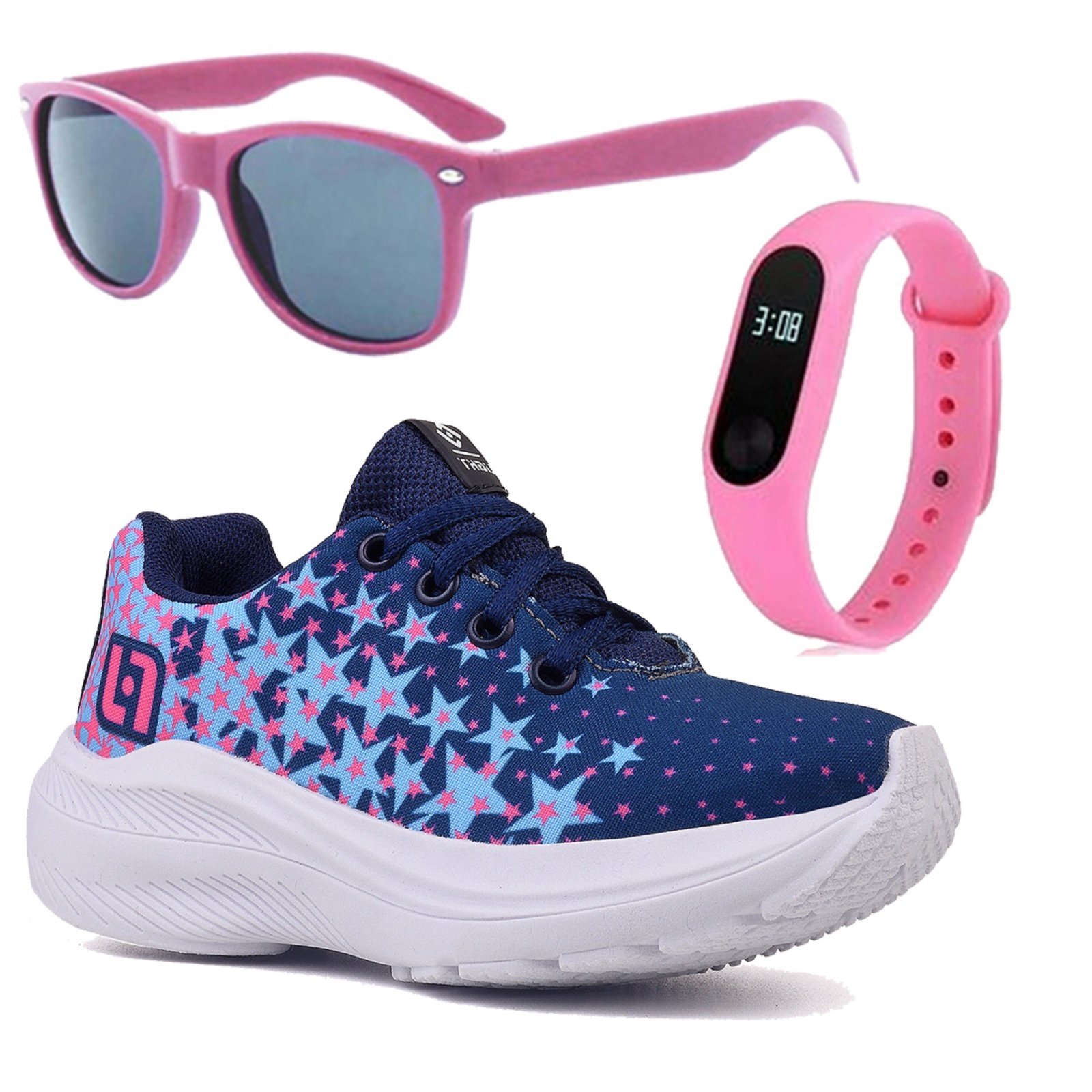 Infantil – Tenis Meninas Casual Marinho e Pink Feminino + Óculos e Relógio