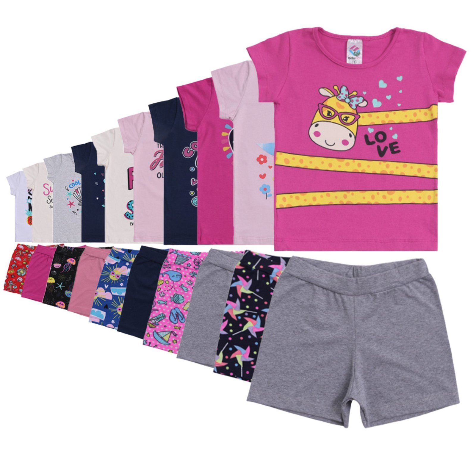 Infantil - Kit 20 Unidades de Menina Feminino 10 Shorts cotton e 10 Blusinha Manga Curta