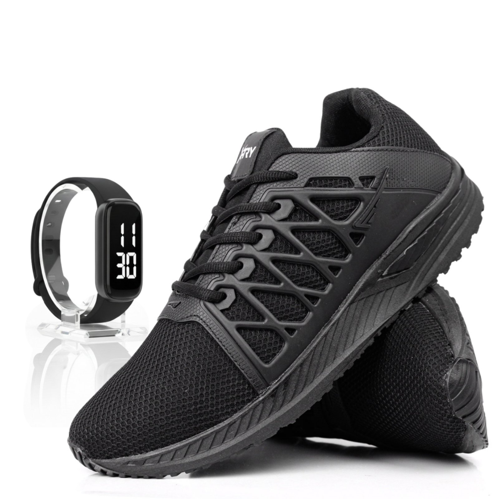 Tênis Corrida Masculino Academia Running Preto Confortável + Relógio Kit