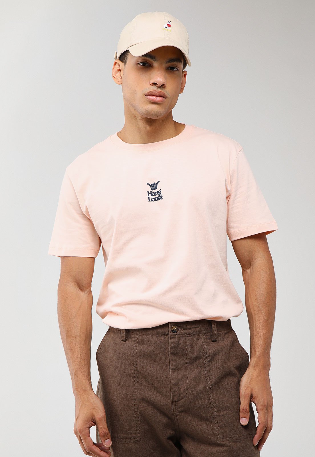 Camiseta Masculina Hang Loose Manga Curta Bordado Rosa Claro