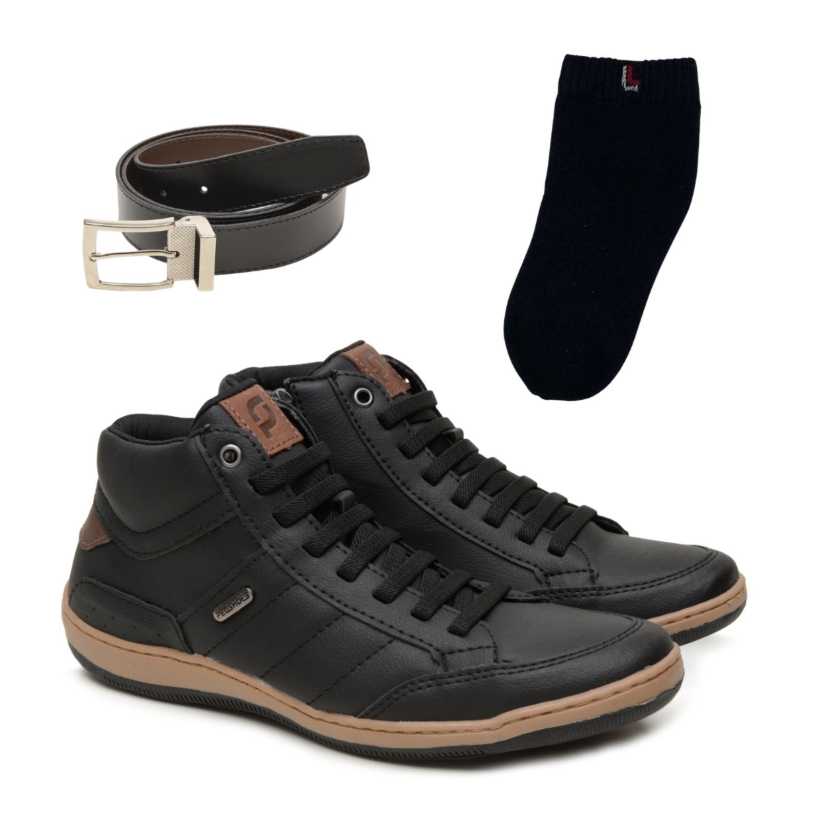 Kit Sapato Casual Masculino Rovetto com Cinto e Meia Preta Algodão