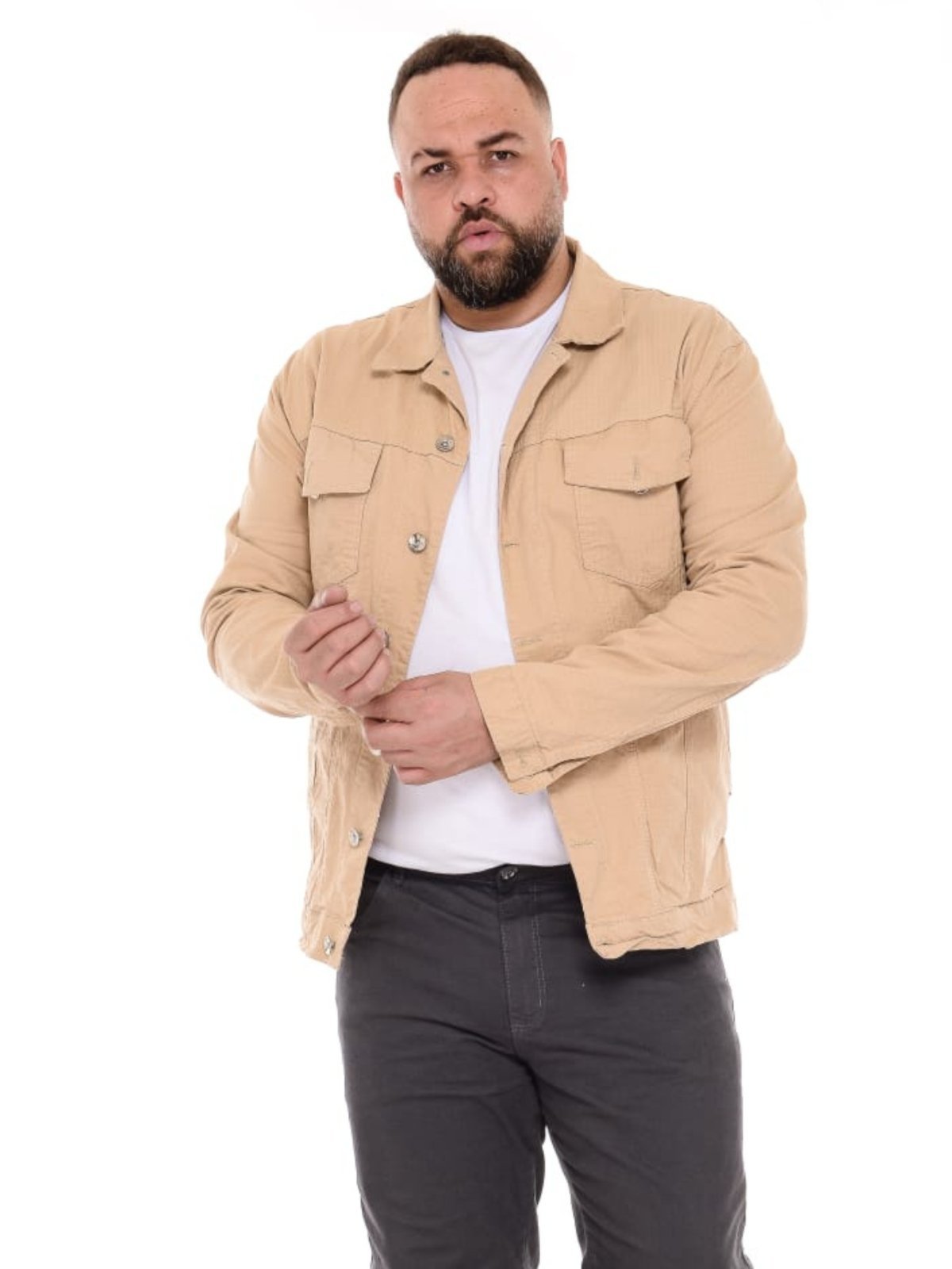 Vista 2 Jaqueta Masculina PLus Size Jeans Light Creme com Tecido Quadriculado bege JEANS LIGHT bege
