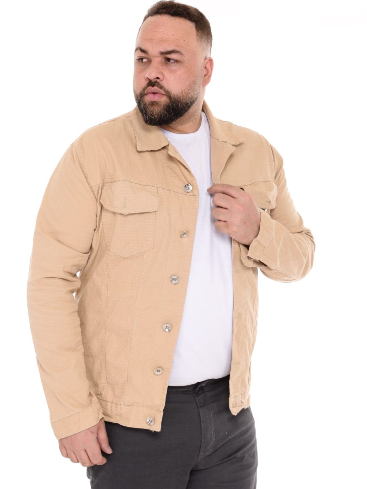Vista 3 Jaqueta Masculina PLus Size Jeans Light Creme com Tecido Quadriculado bege JEANS LIGHT bege
