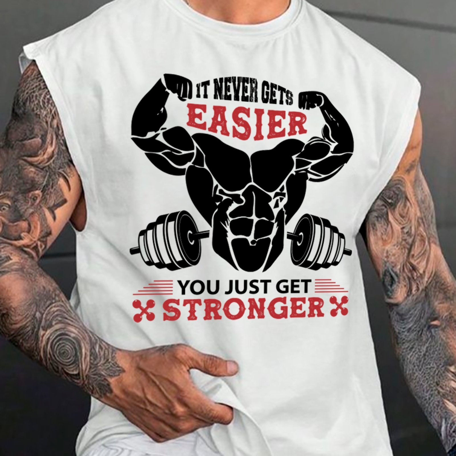 Camiseta Regata Machão Ousy It Never Gets Easier Stronger Oversized Masculina Branco