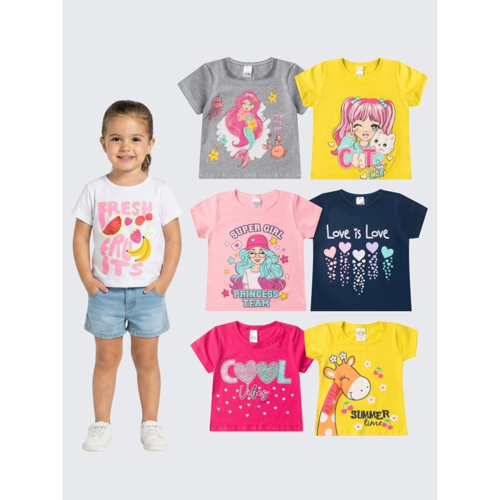 Vista 2 Infantil - Kit Sortido 5 Camisas Verão Menina ROSA AZUL KIDS multicolorido ROSA AZUL KIDS multicolorido