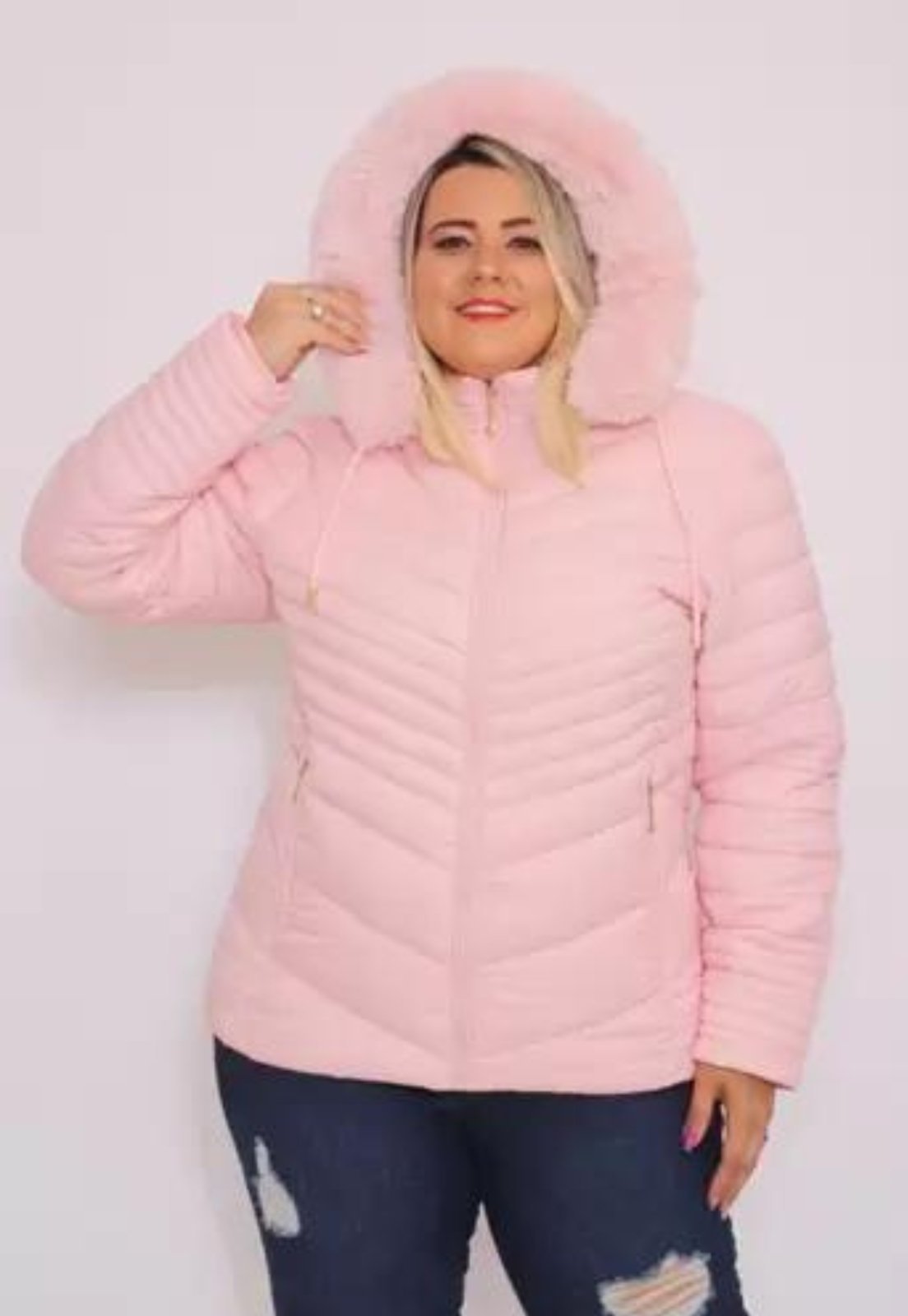 Jaqueta Plus Size para Inverno Bobojaco Nylon Capuz Removível Rosa