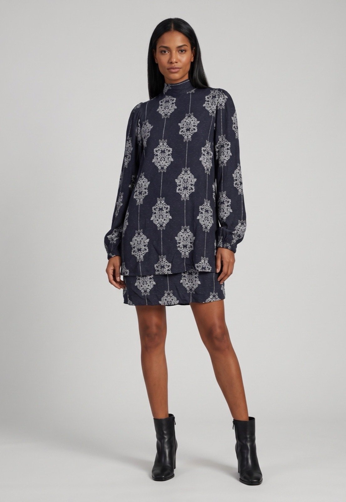 Vestido Feminino Lez a Lez Manga Longa Estampado Azul-Marinho