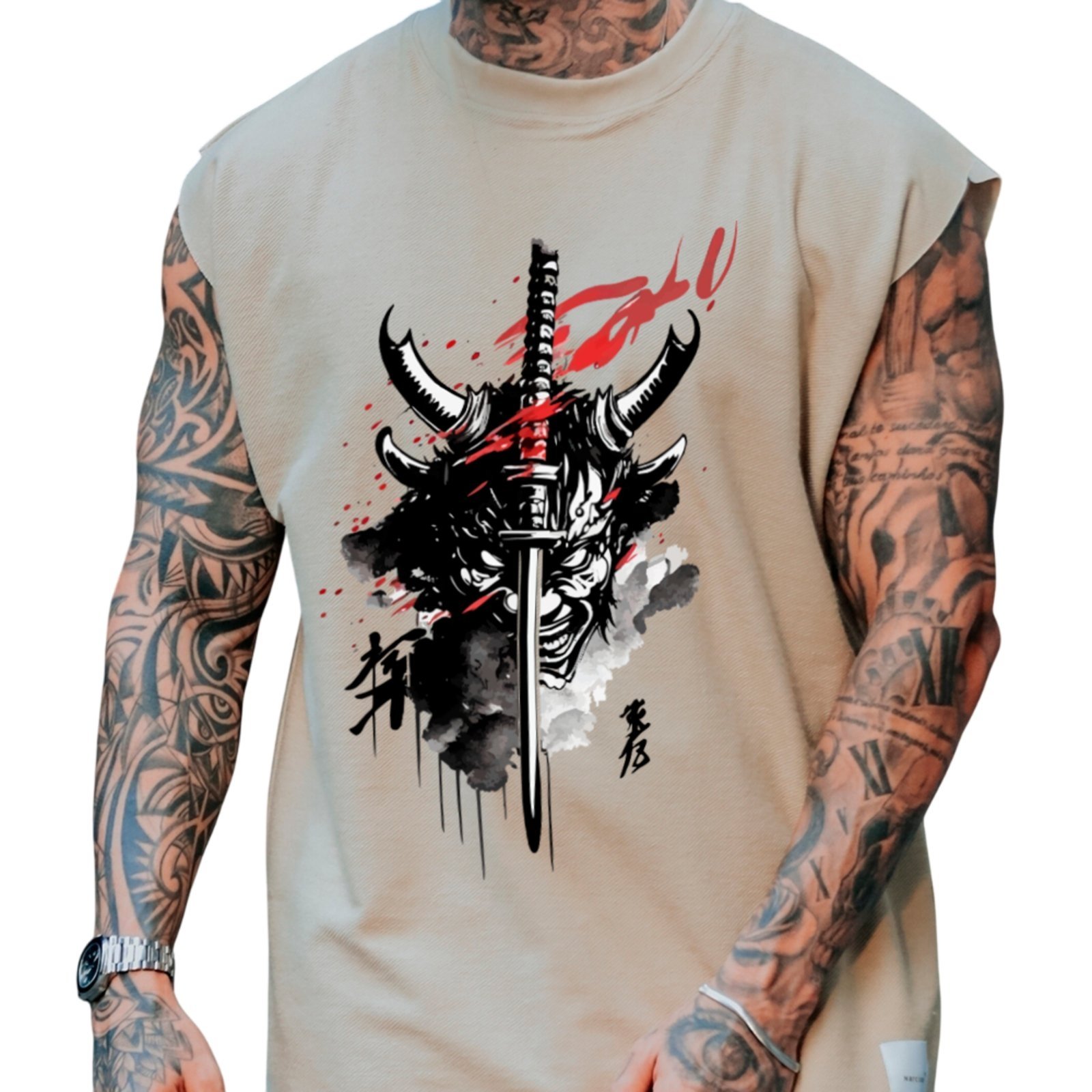 Camiseta Regata Machão Ousy Oni e Katana Samurai Oversized Masculina Off White