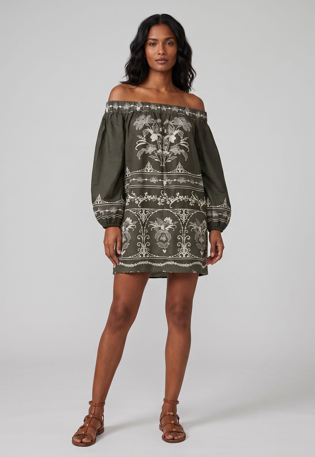 Vestido FARM Decote Ombro a Ombro Bordado Verde