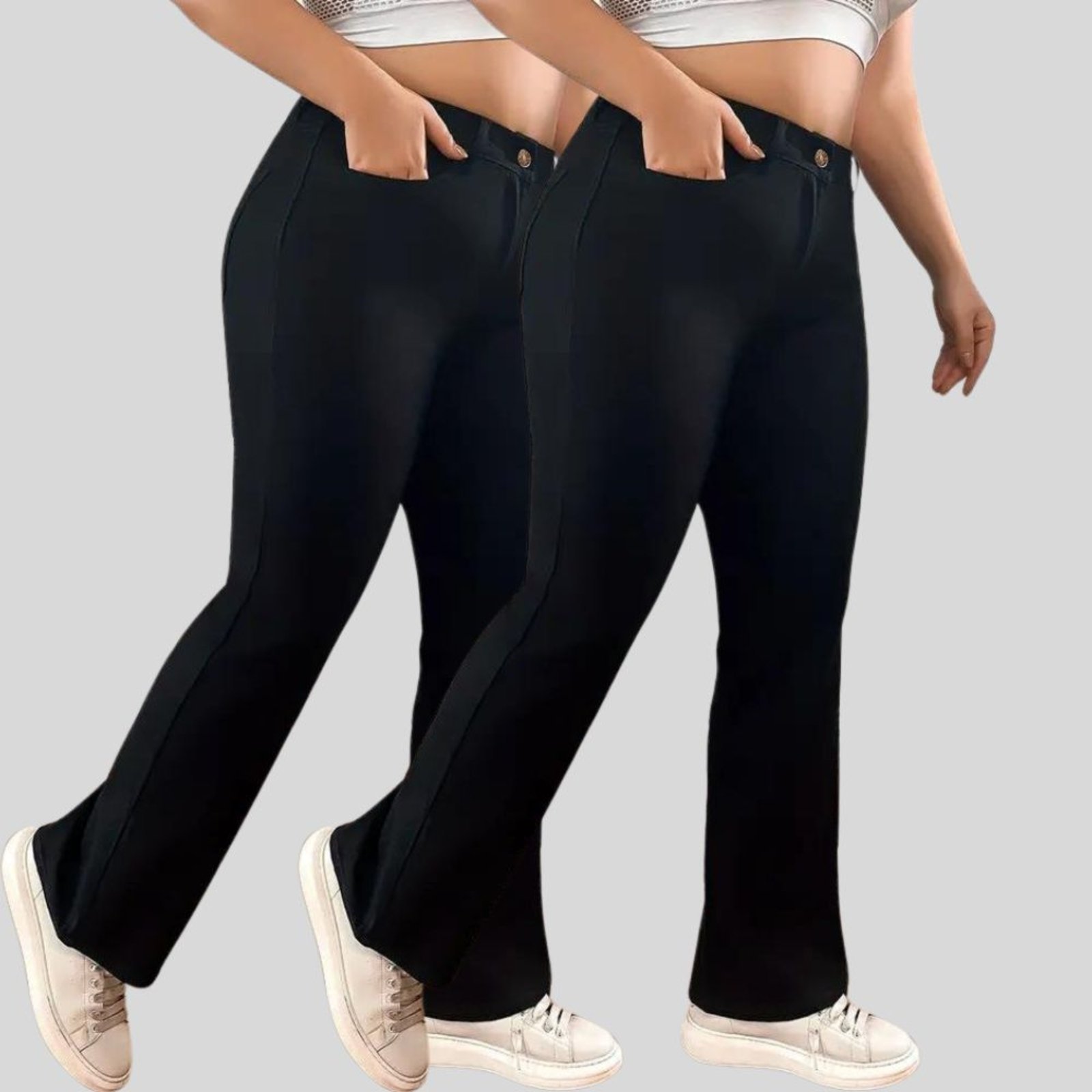 Kit 2 Calças Jeans Feminina Plus Size Corte Reto Preta com Cintura Alta e Empina Bumbum