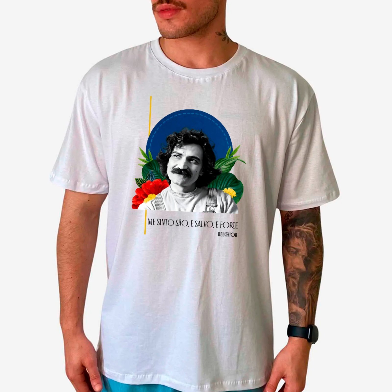 Vista 2 Camiseta Ousy Básica Belchior Estampa Poética Cultura Brasileira Unissex branco ousy branco