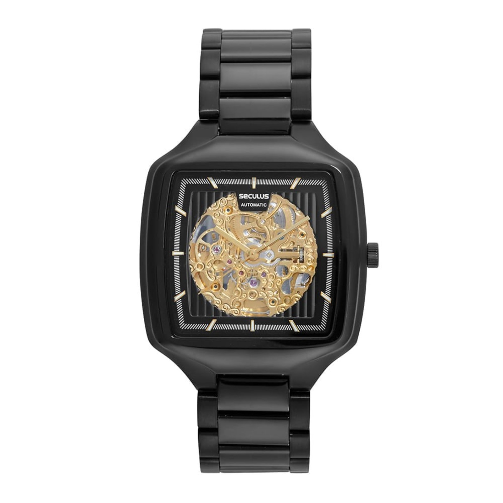Relógio Seculus Masculino Automático Skeleton Quadrado Preto Seculus