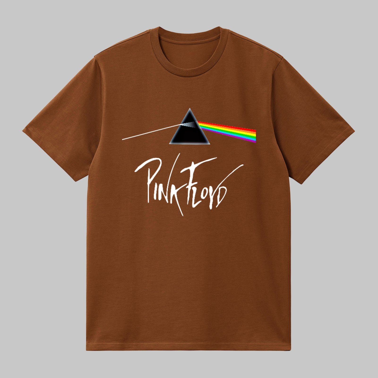 Camiseta Básica Pink Floyd Prisma Rainbow Rock Style Unissex Marrom