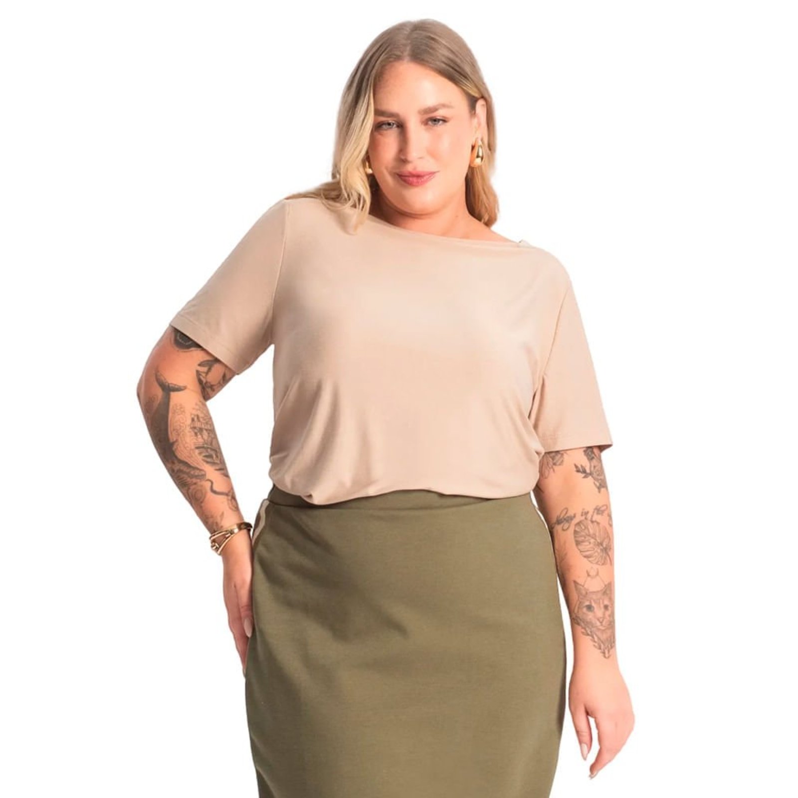 Blusa Feminina Secret Glam Plus Size Manga Curta Nude