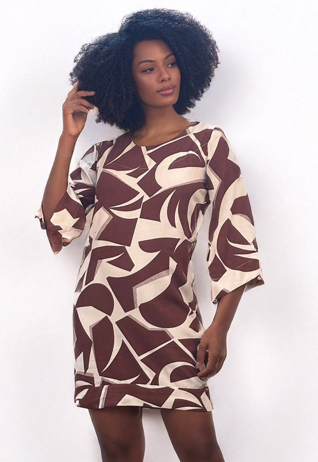 Vestido Amazonia Vital Curto Viscose Estampa Raízes Marrom