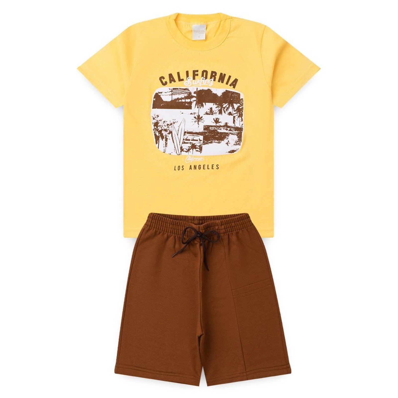 Infantil - Conjunto Verão Menino Amarelo Camiseta e Bermuda com Bolso Surfe