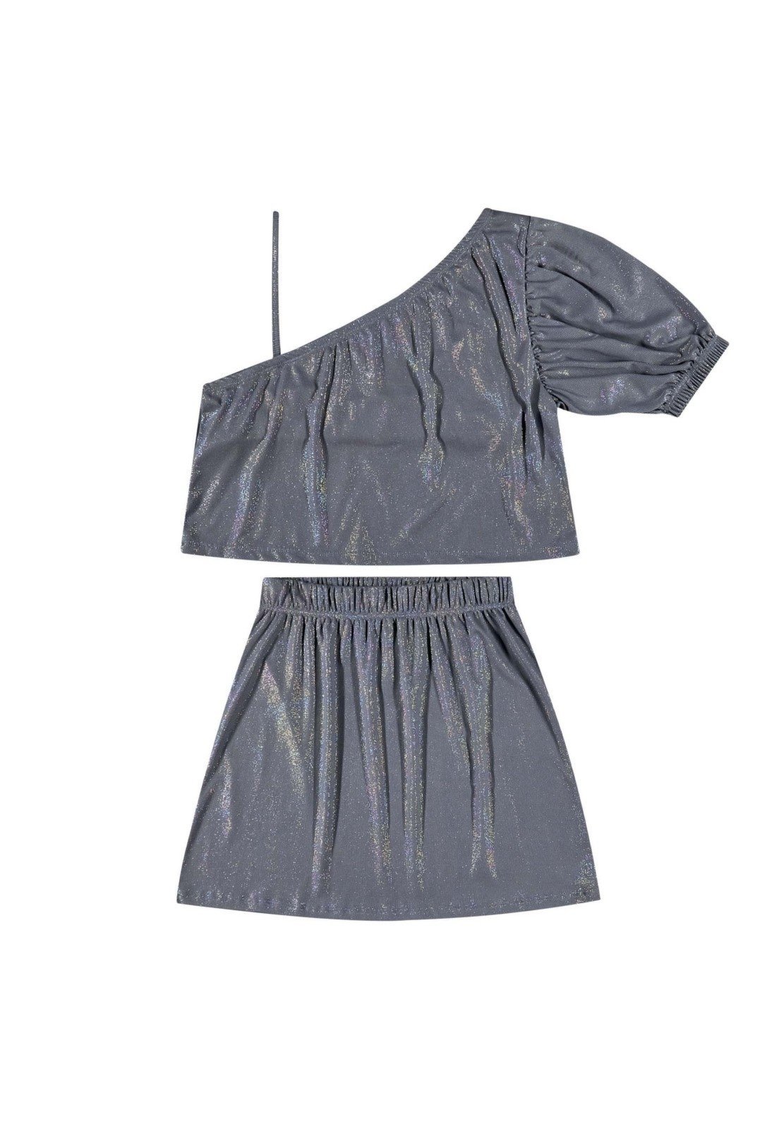 Vista 3 Infantil - Conjunto Holográfico Juvenil com Blusa Cropped e Saia Gloss cinza Gloss cinza
