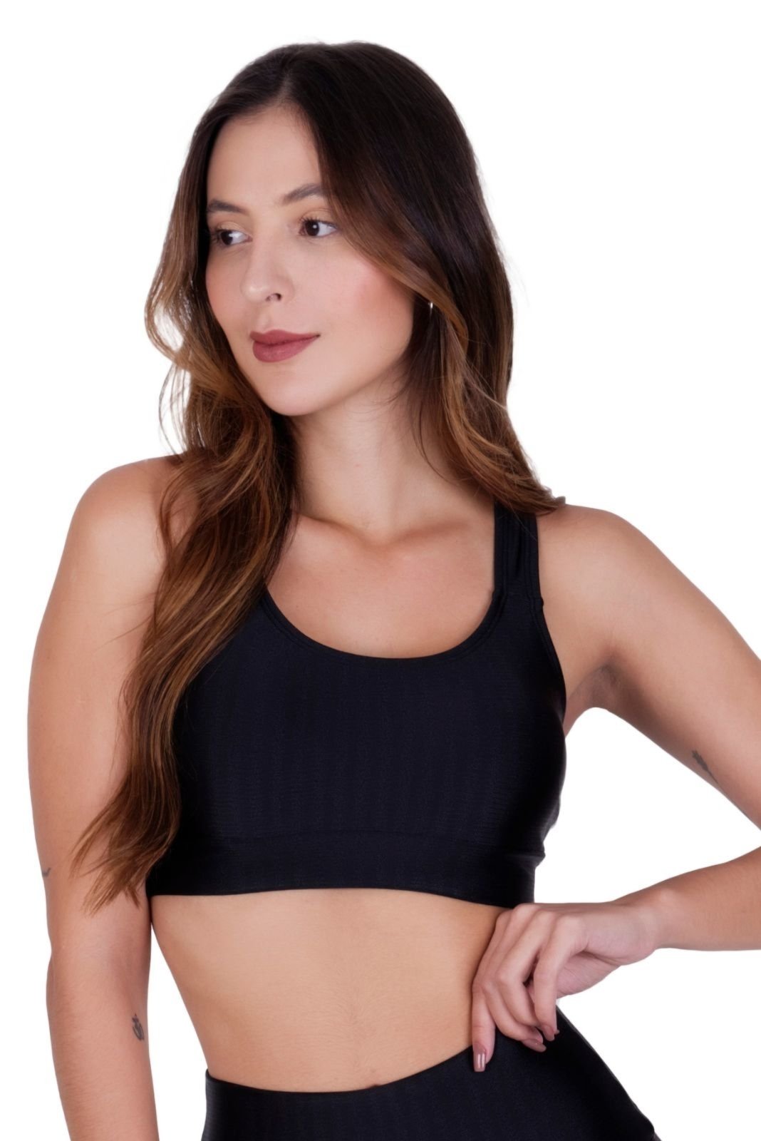 Top Fitness com Bojo Removível Cropped de Academia 3D Adulto Feminino Terra e Mar Preto