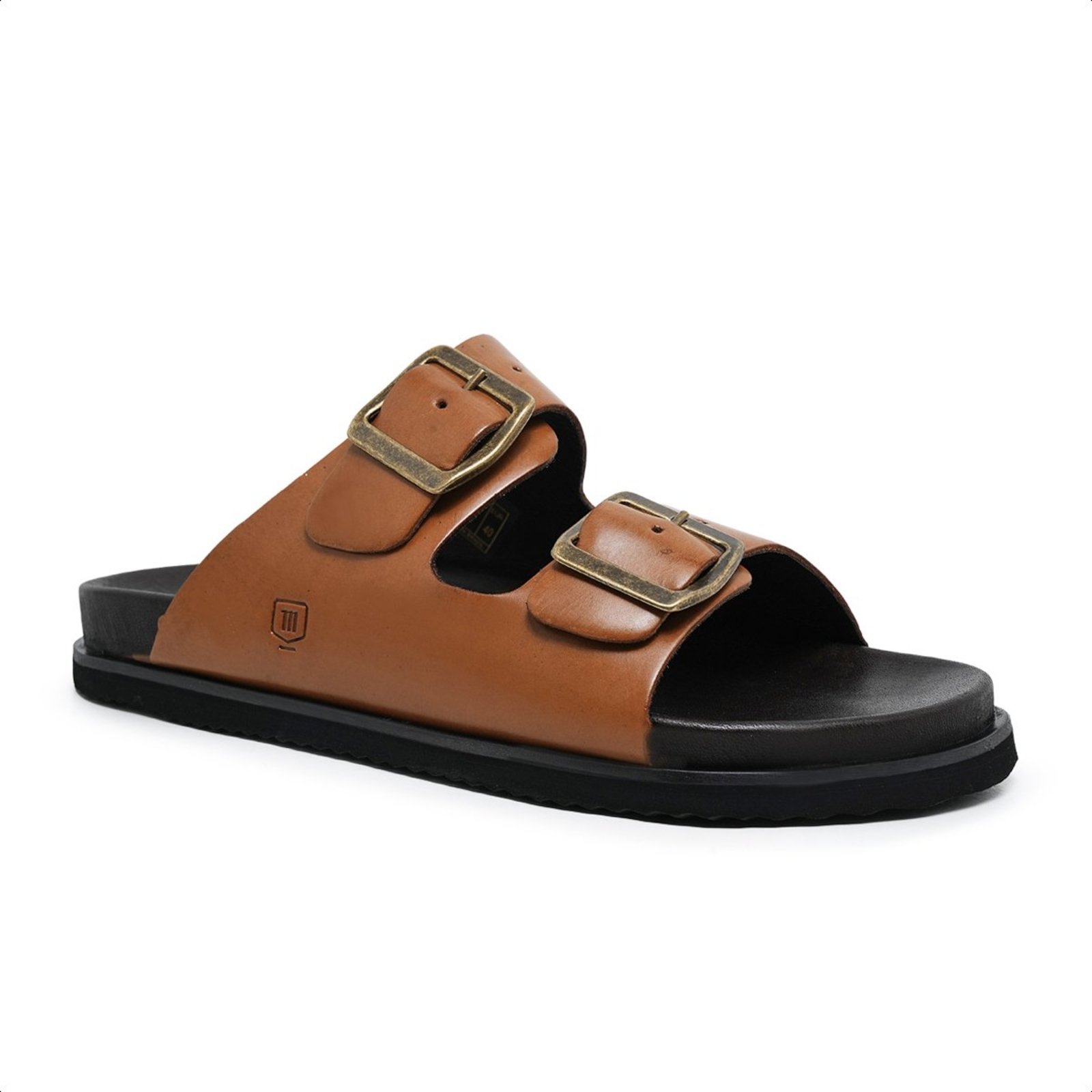 Chinelo Masculina Malbork em Couro Slide 2 Fivelas Caramelo