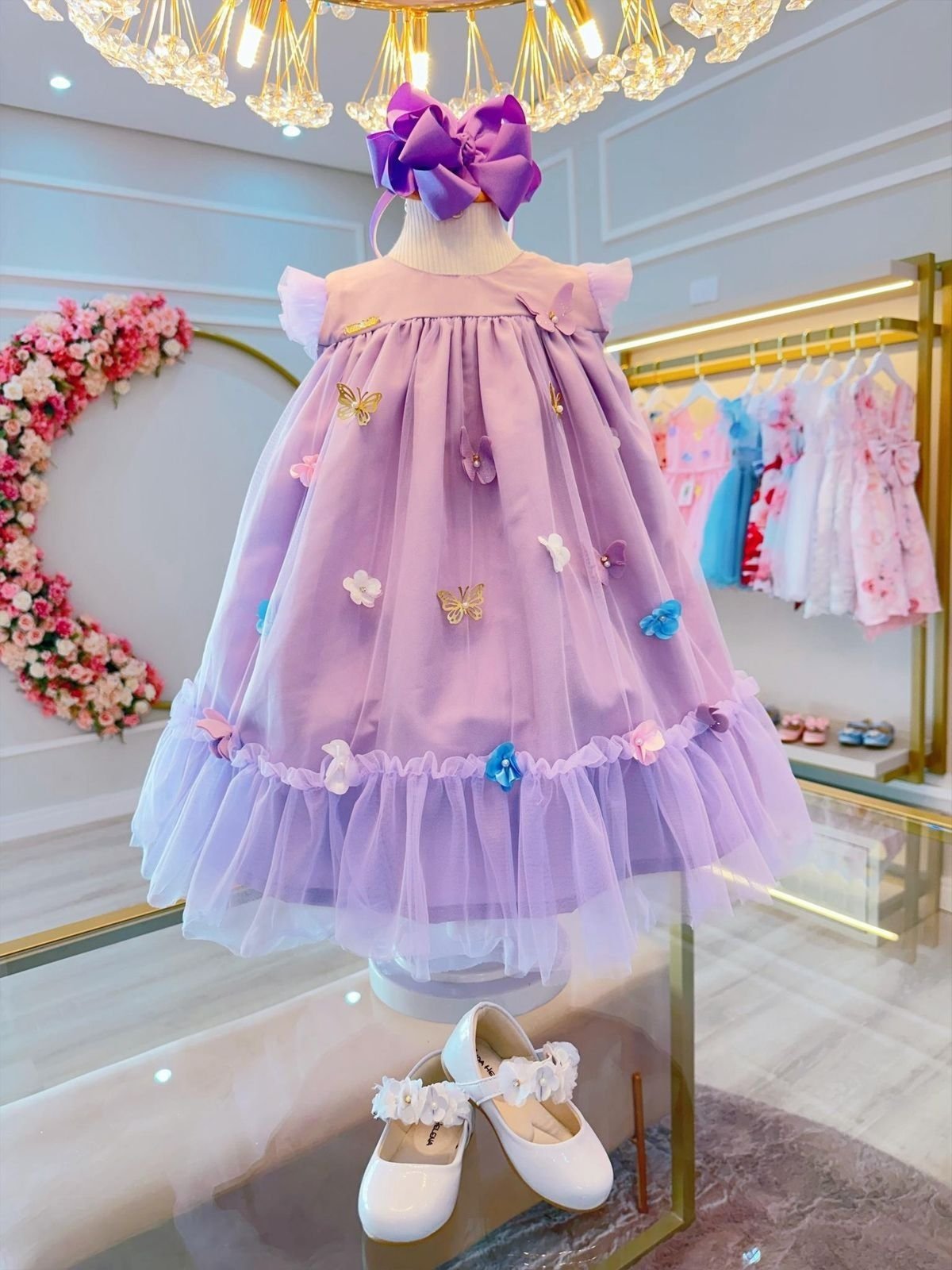 Infantil - Vestido Festa Lilás Lavanda Jardim das Borboletas Florista Casamento Dama Daminha Social Menina Pérolas Princesa Rodado Aniversário Luxo