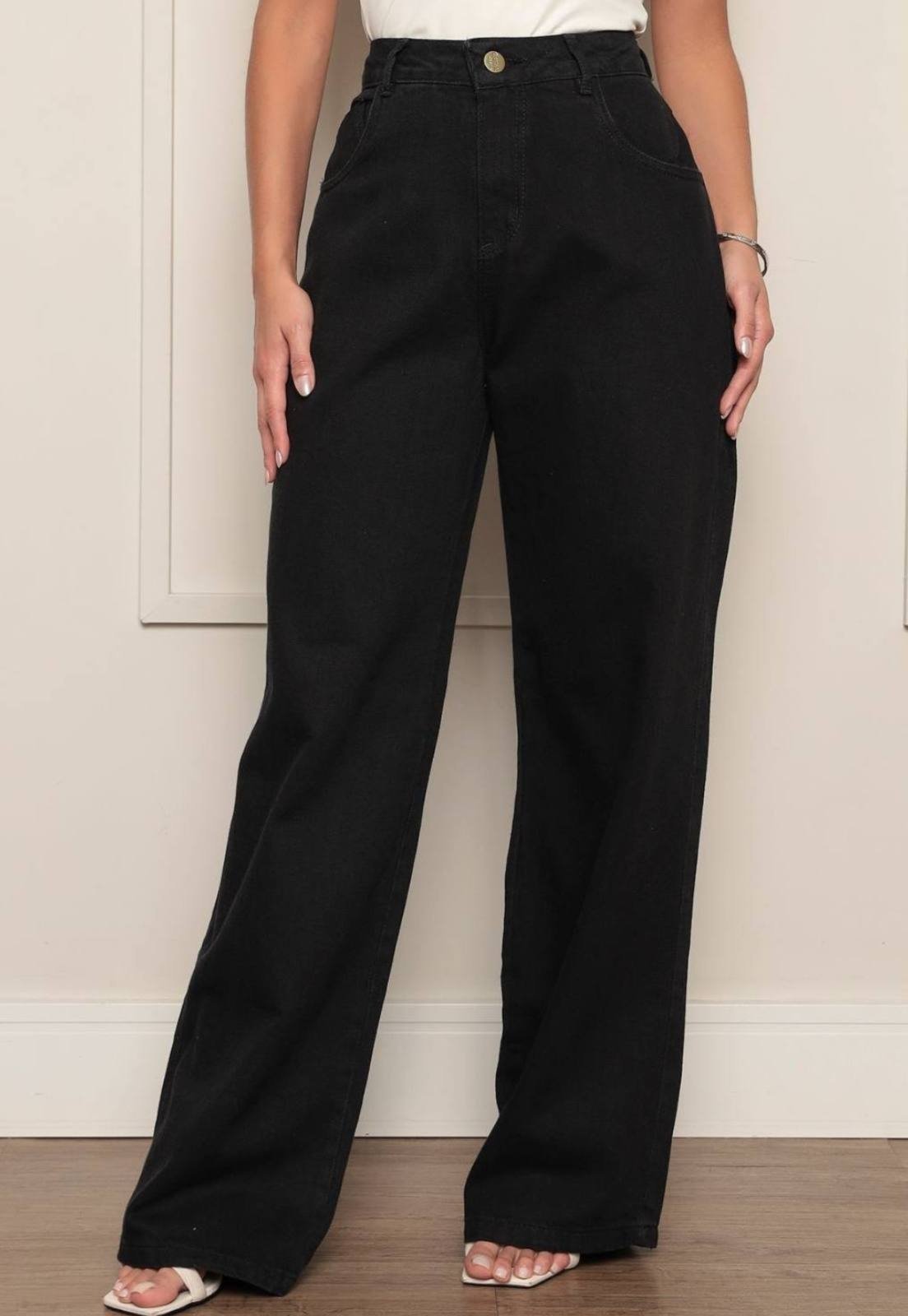 Calça Pantalona Feminina Niha Jeans de Alfaiataria Premium Wide Leg Preto