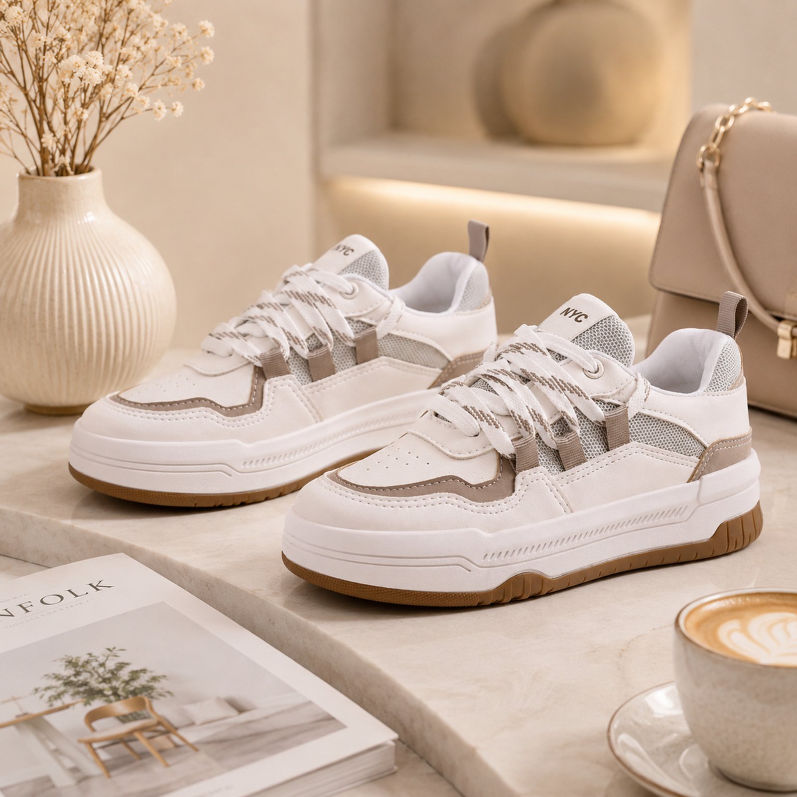 Tênis Feminino Casual NYC Shoes Chunky Branco com Solado Marrom