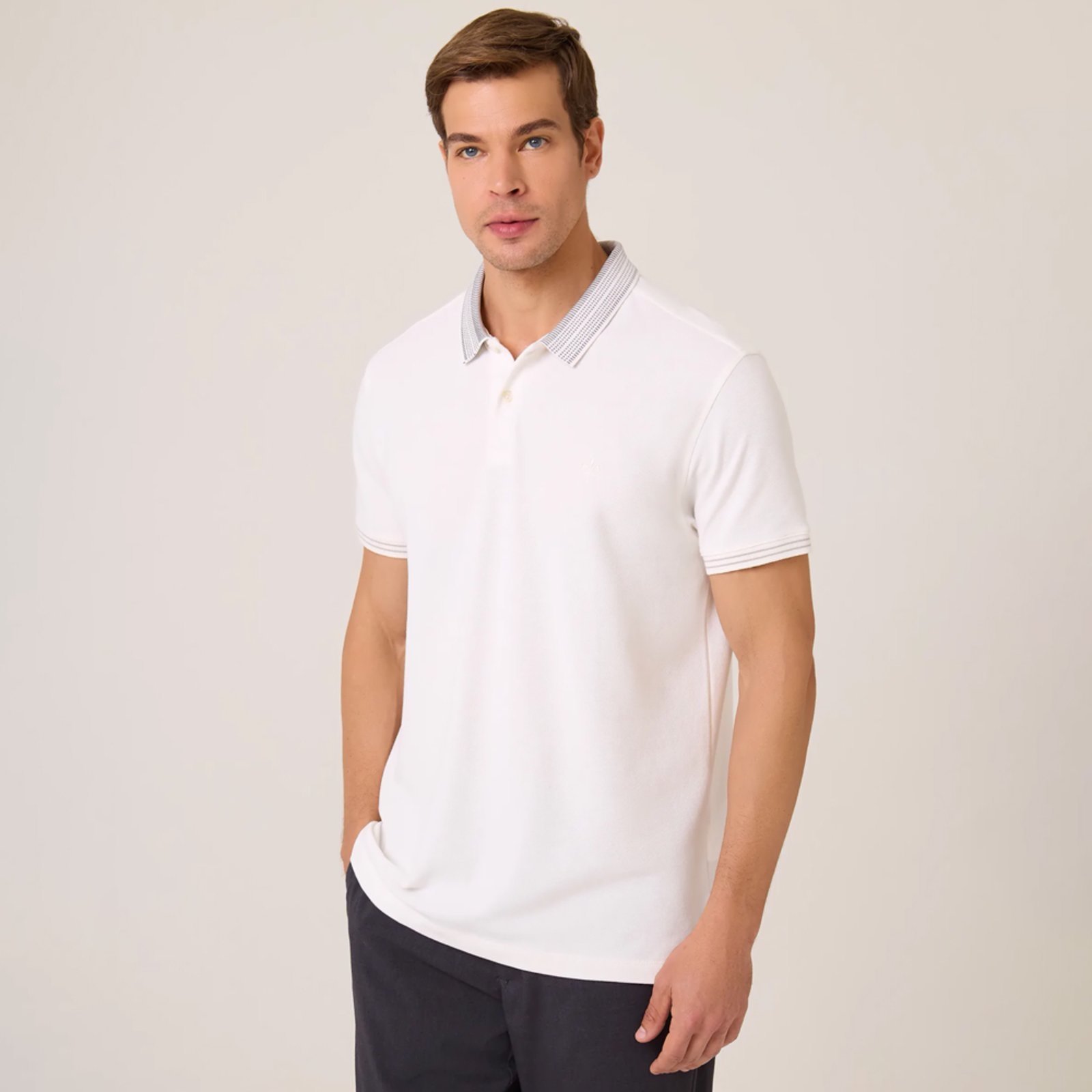 Camisa Polo Dudalina Piquet Jacquar Pr26 Off White Masculino