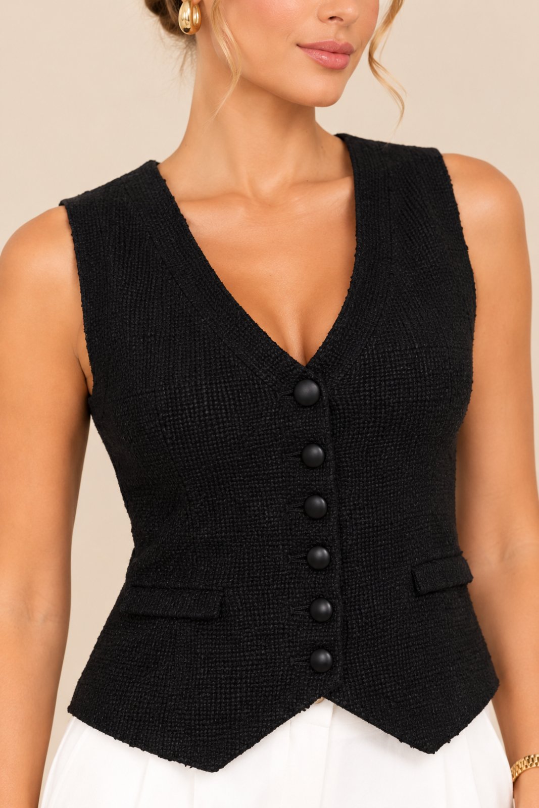Colete Feminino Lapetry de Tricô Preto com Botões e Bolsos – Decote V