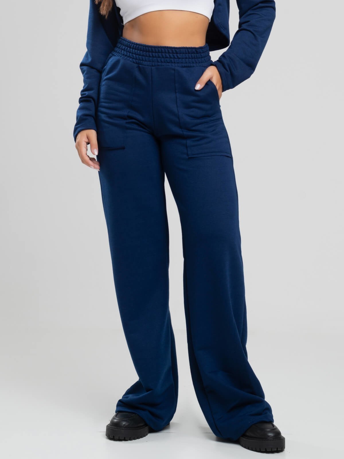 Calça Pantalona Vicbela Cintura Alta Moletinho Wide Leg Azul Marinho