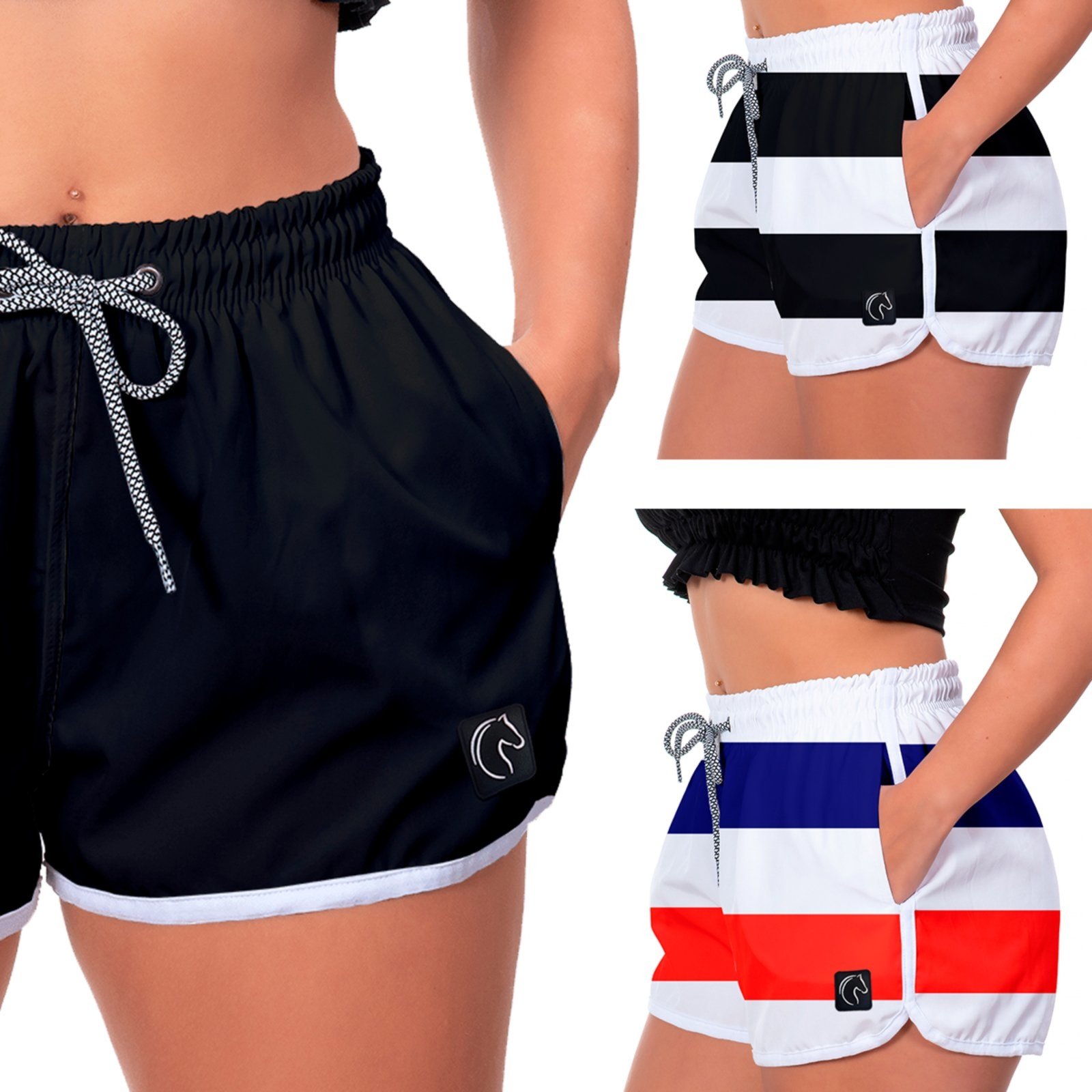 Kit 3 Shorts Feminino Premium Secagem Rápida com Elástico Cordão Ajustável e Bolsos Moda Praia Casual ou Treino Academia Preto, Listras Preto e Branco Azul e Vermelho