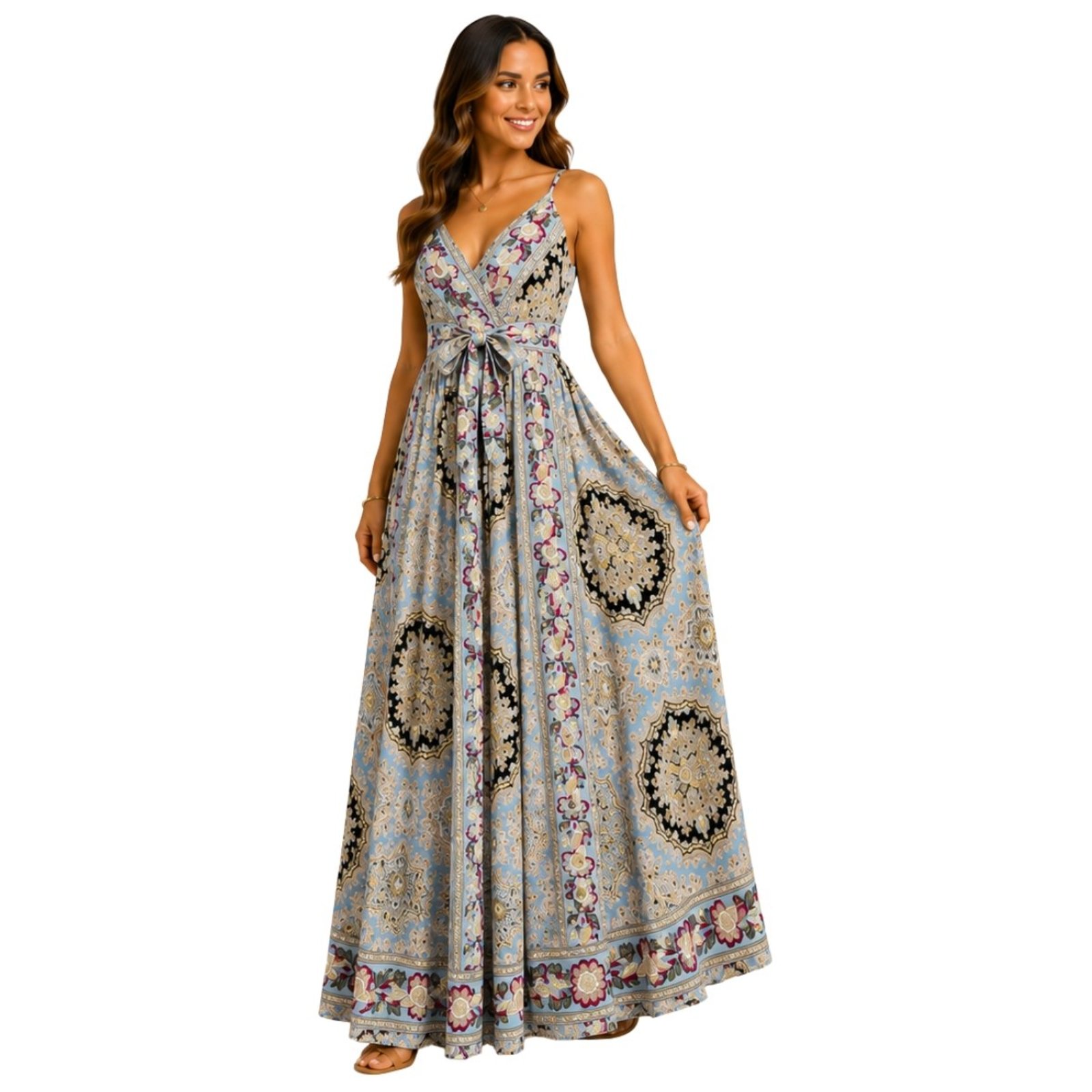 Vestido Longo Indiano Feminino Estampado Alças Reguláveis Boho Preto