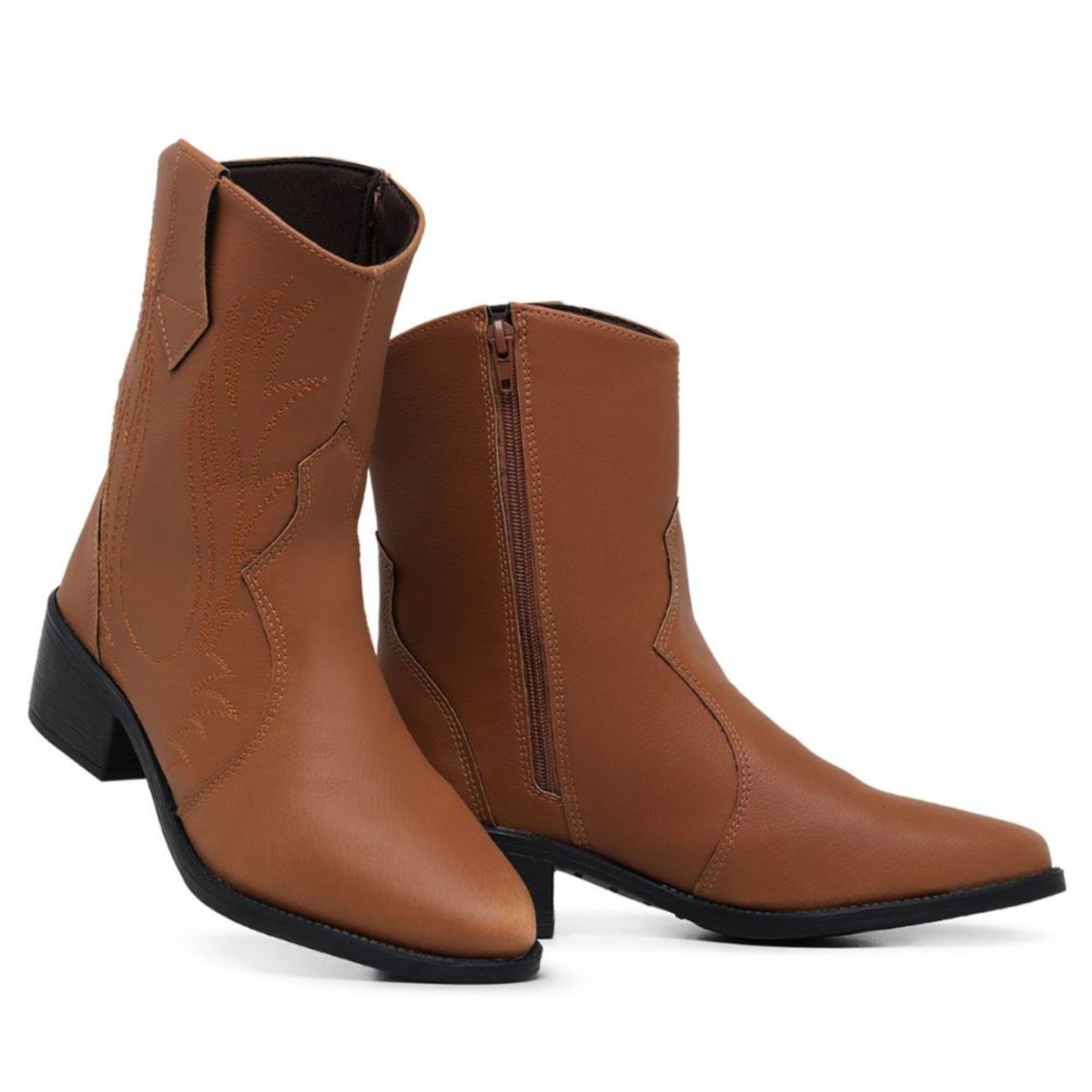 Bota Feminina Cano Médio Anna Andrade Texana Bico Fino Western Bordada Salto Baixo Country Caramelo