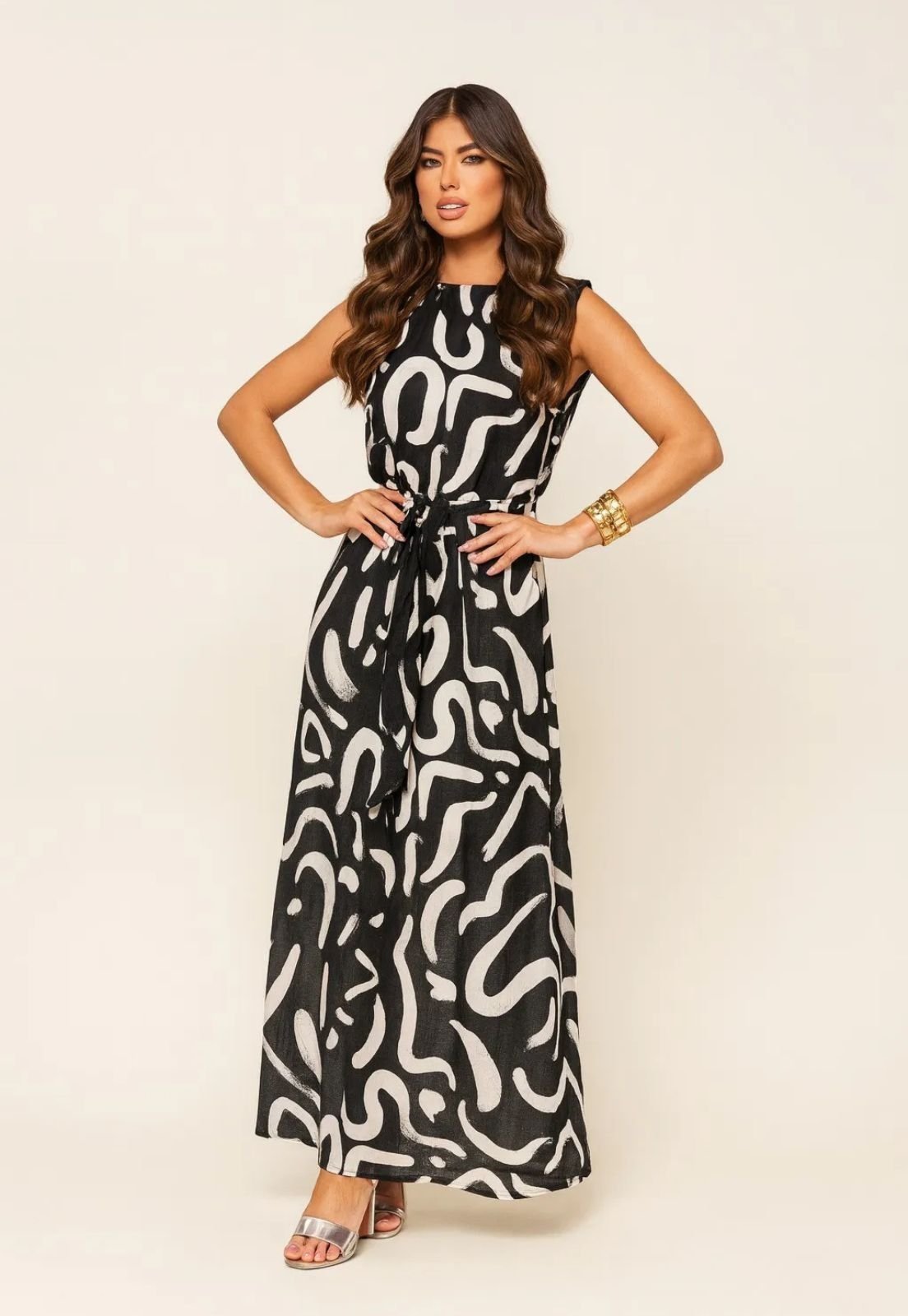 Vestido Longo Estampado Sem Mangas com Cinto Lemier Collection Preto