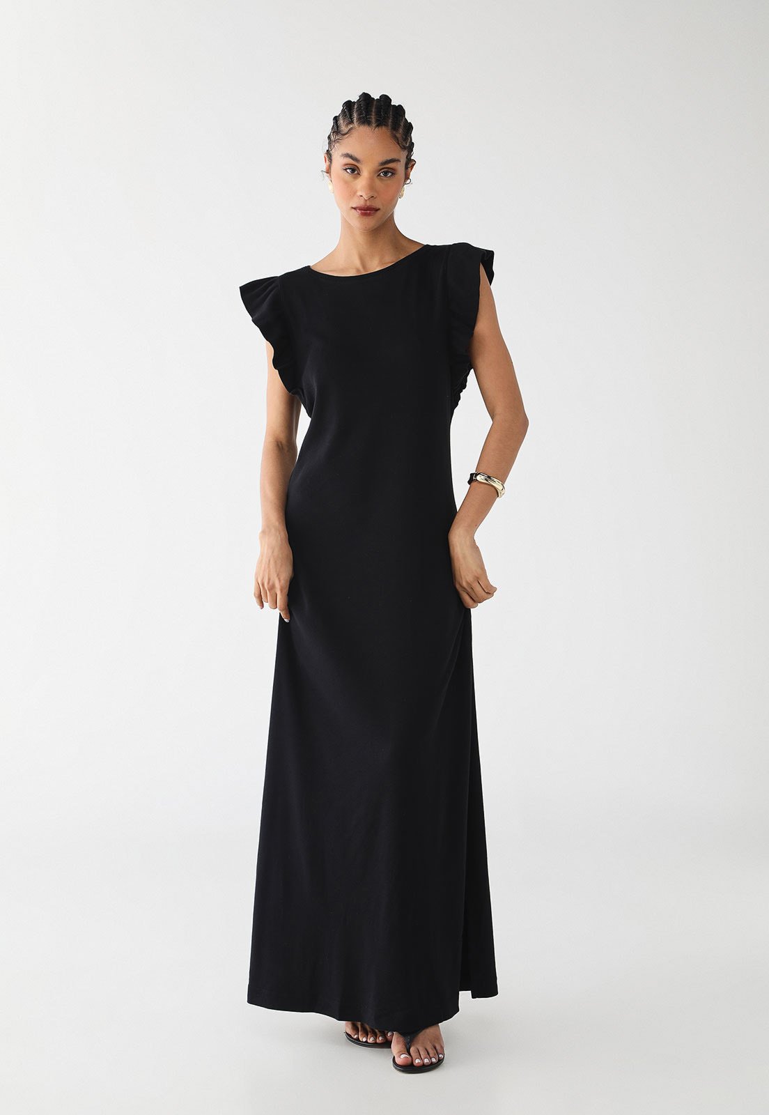 Vestido Longo Feminino CaCay Manga Babadinho Preto