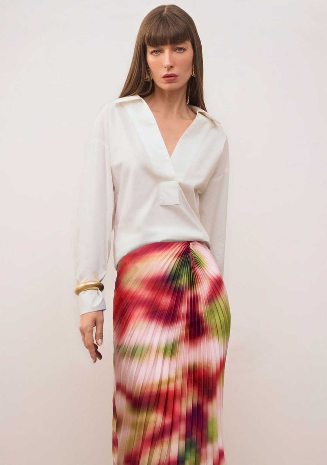 Camisa Iódice Solta Decote V Manga Longa Padrão Off-white