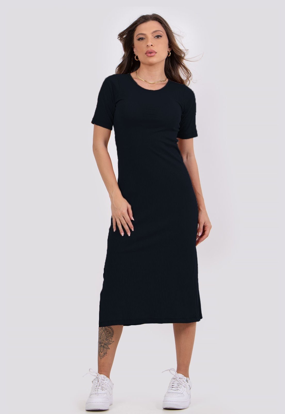Vestido Midi Rioutlet Ribana Canelado Manga Curta Preto
