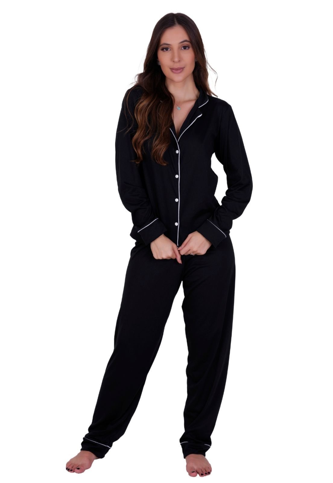 Pijama de Inverno com Gola Americano com Botões para Amamentação Manga Longa e Calça Mayara Preto