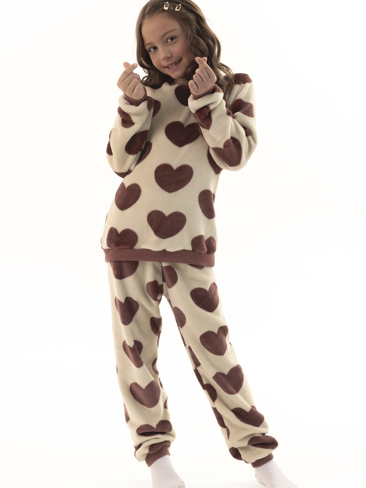 Pijama de Inverno Longo em Soft Fleece Menina Corações Vinho