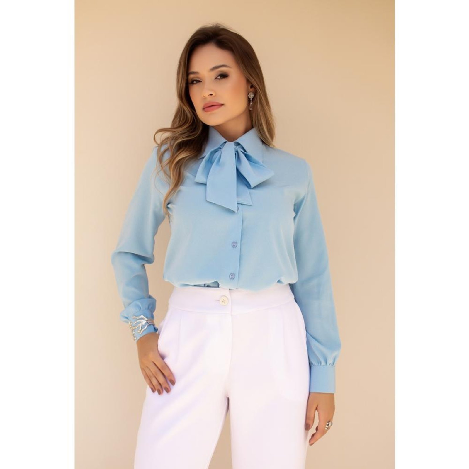 Vista 2 Camisa Feminina Fácil De Passar Crepe Com Laço Chic Fofa TEODORO CAMISARIA azul TEODORO CAMISARIA azul