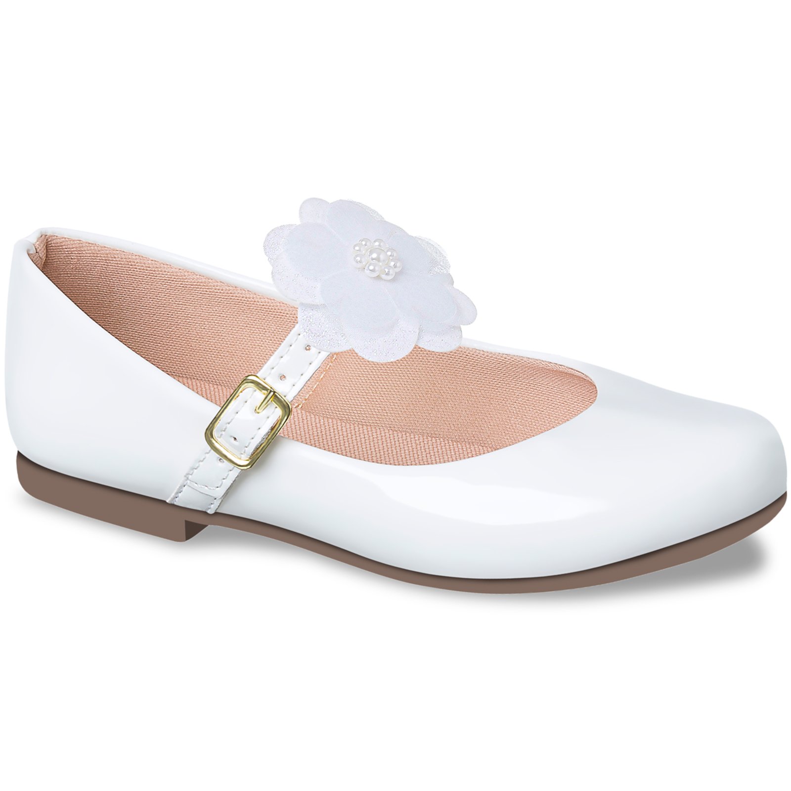 Infantil – Sapatilha Feminina Menina Estilo Boneca Com Laço Glitter Flor Branca